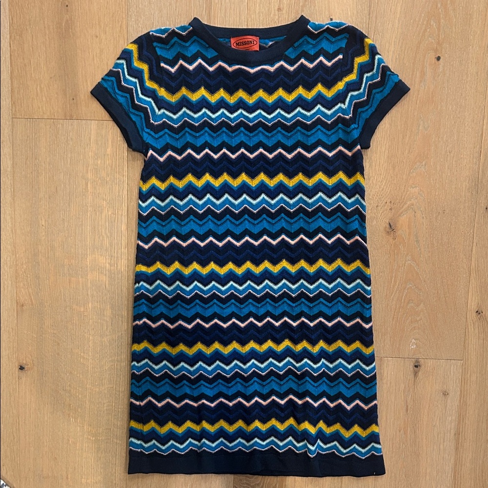 Missoni Short-Sleeve Zigzag Knit Dress in Blue, Yellow and Navy